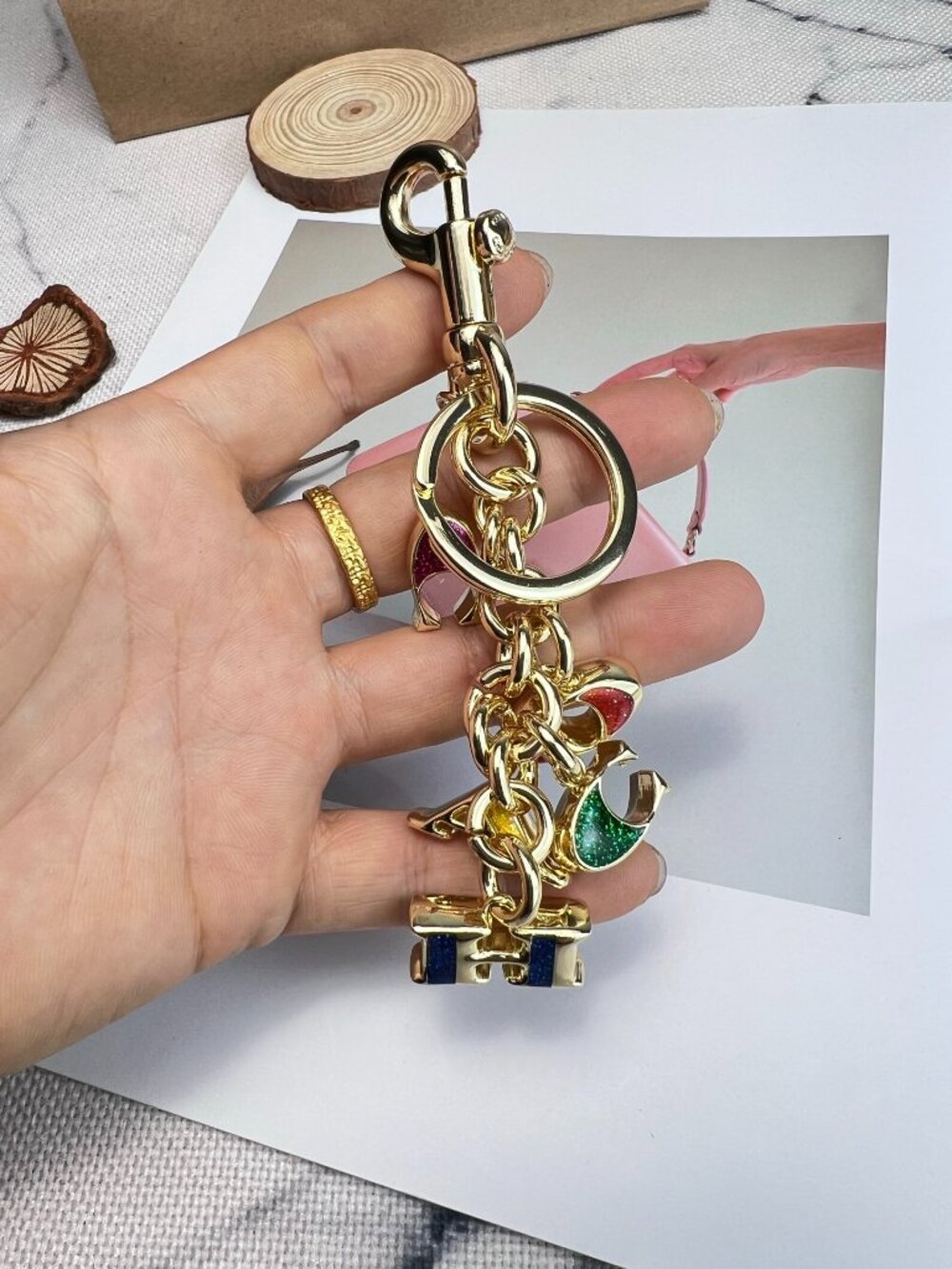 Coach Gold-Tone Multicolor Glitter Letter Charm Keyring keychain key holder